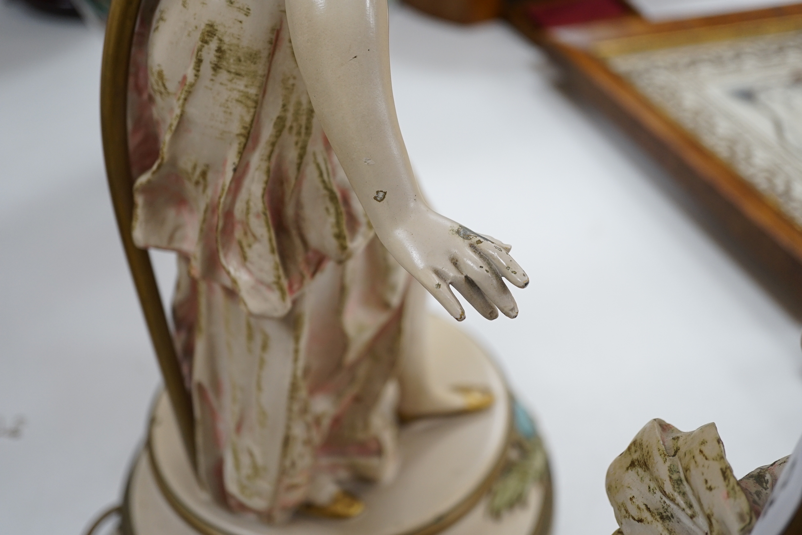 A pair of painted spelter figural table lamps, 82cm high including light fitting and shade